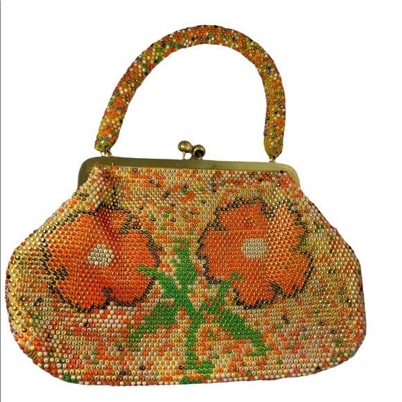 Beautiful Vintage orange flower bead purse beaded 1970s - Picture 6 of 12